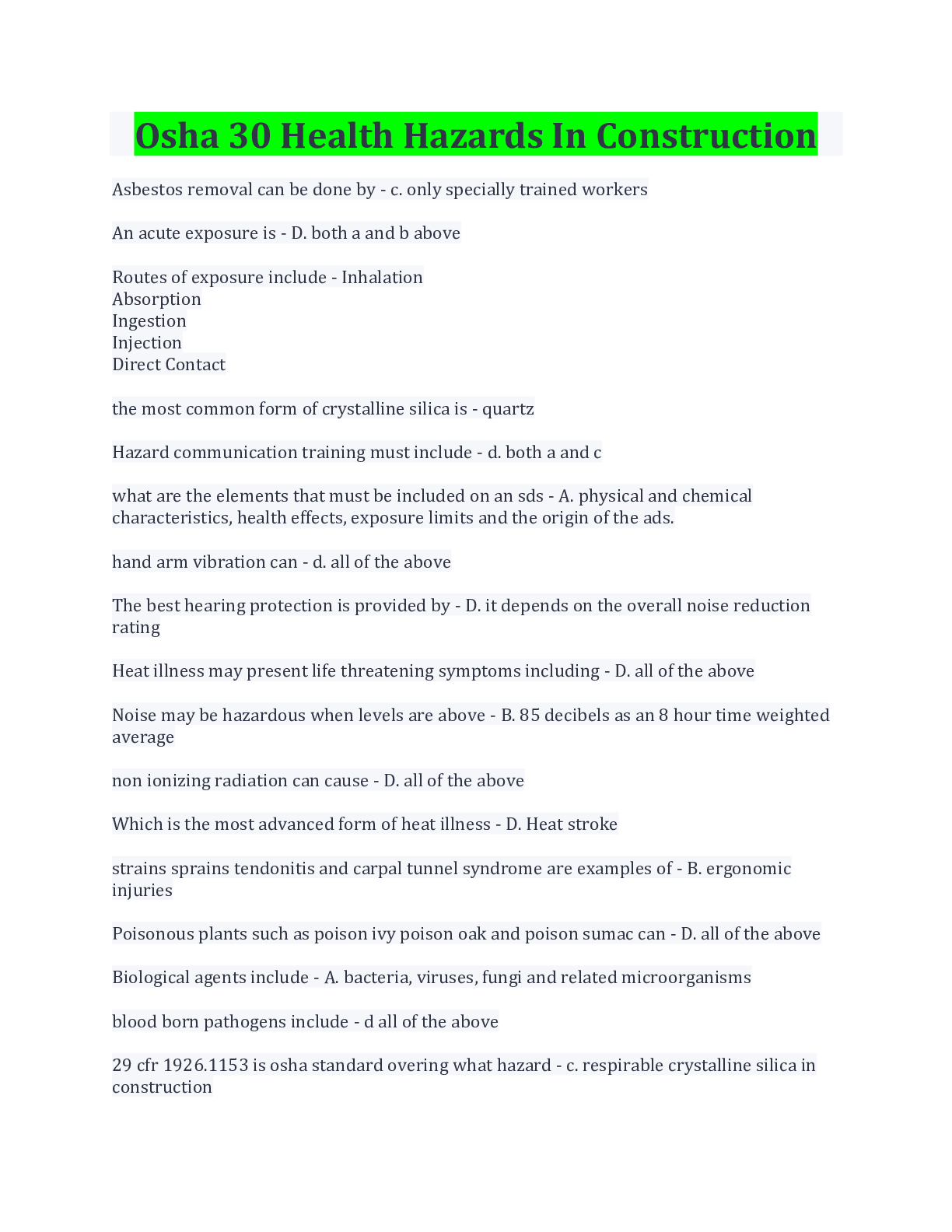 Preview image for Osha 30 Health Hazards In Construction Questions And Answers Latest Update